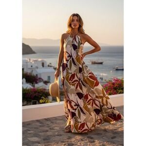 Banana Republic Halter Maxi Dress Womens 12 Satin Floral Abstract Summer Boho